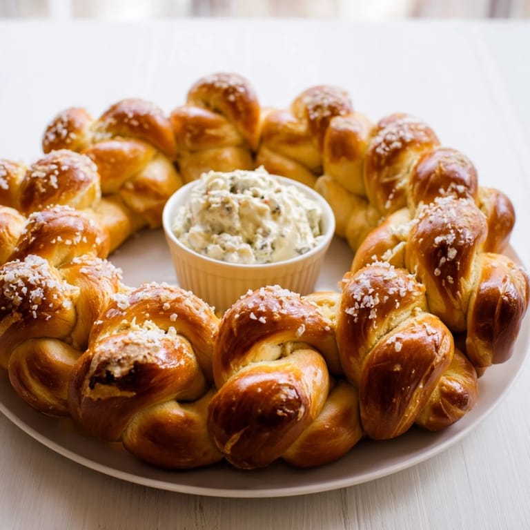 A close-up of pretzel wreath dip ring, baked golden-brown, with a creamy spinach cheese dip center.