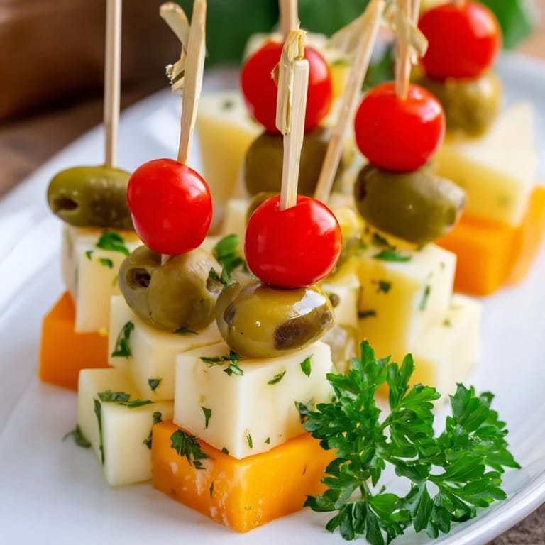 A close-up of a perfectly stacked Festive Cube Cheese Stack, an easy holiday appetizer.