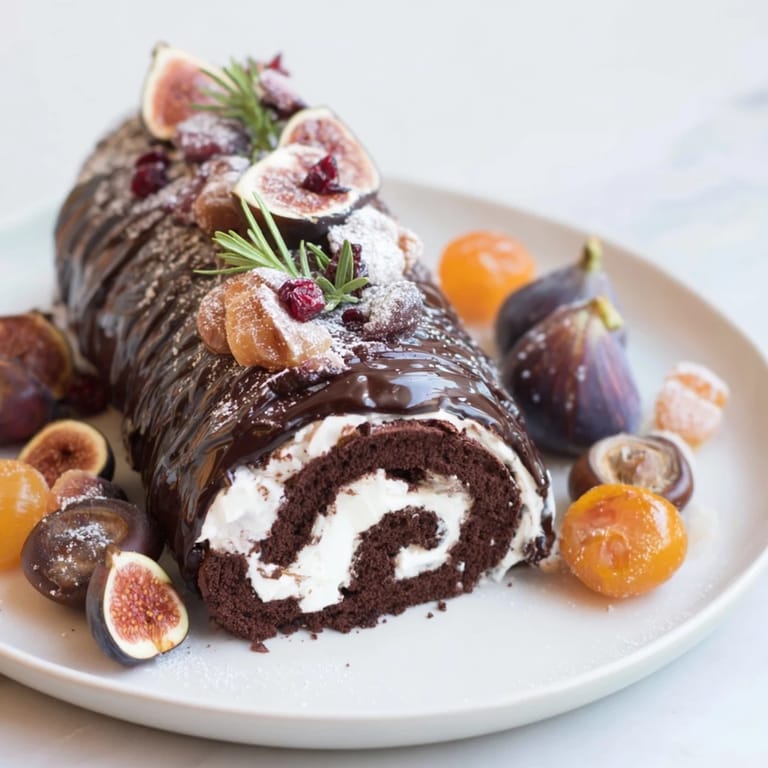 This festive Winter Warmer dessert board shows a chocolate fireplace log decorated with sugared cranberries.