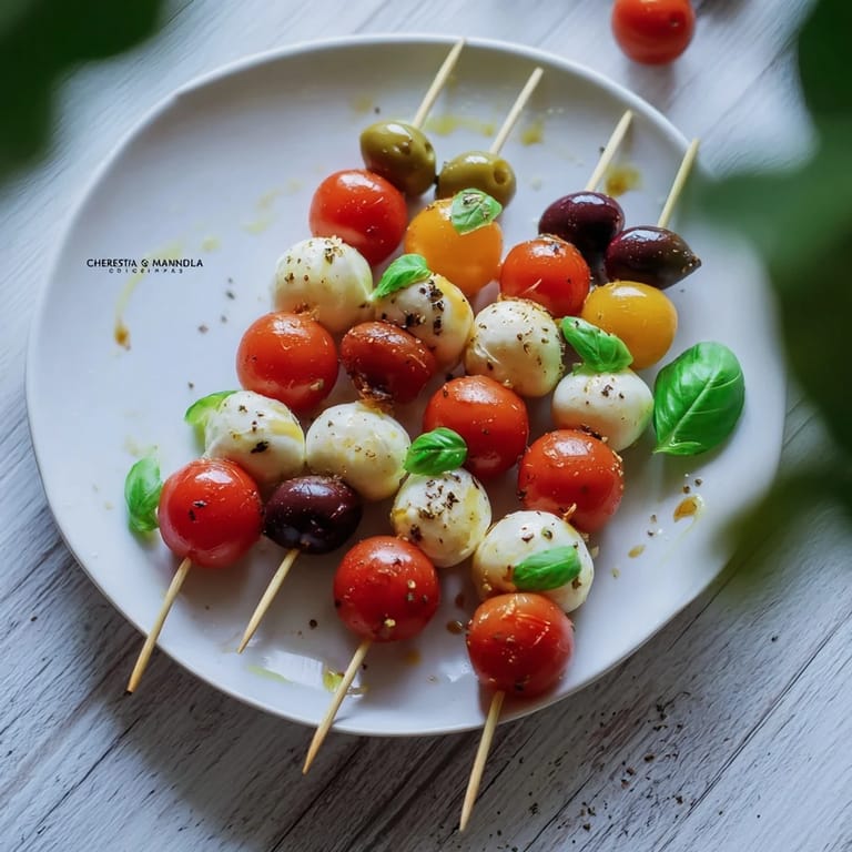 Skewers of Christmas Lights Olive and Tomato—a festive appetizer with colorful, juicy tomatoes and olives.