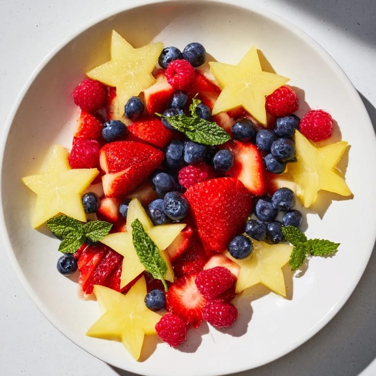 A close-up view of the Starfruit and Berry Platter, ready to serve, with optional mint and lime accents.
