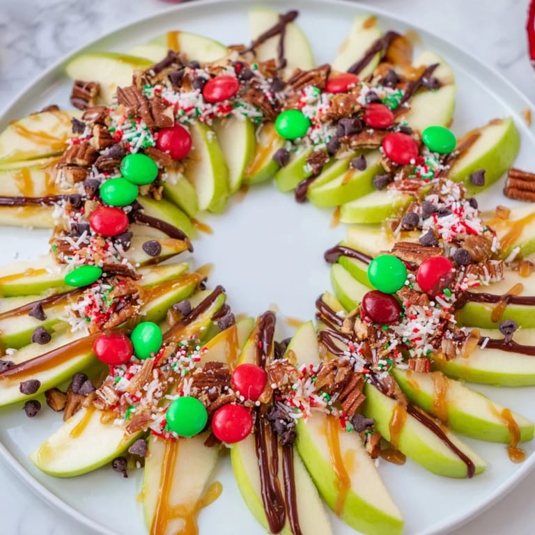 A beautiful Caramel Apple Slice Christmas Wreath with gooey caramel and colorful holiday sprinkles, ready to enjoy.