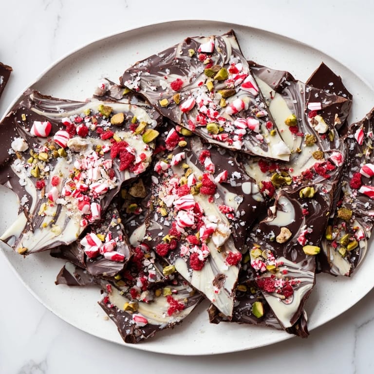 A beautifully arranged platter of homemade Holiday Bark, perfect dessert for gifting, with glistening chocolate shards.