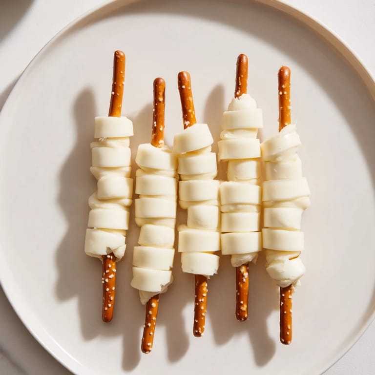 Golden pretzel rods paired with smooth, creamy string cheese, an easy, quick snack idea.