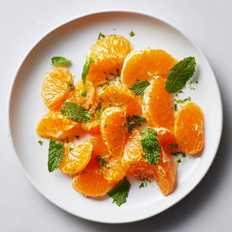 Close-up of winter fruit salad: juicy clementine segments mixed with fresh mint, beautifully presented.