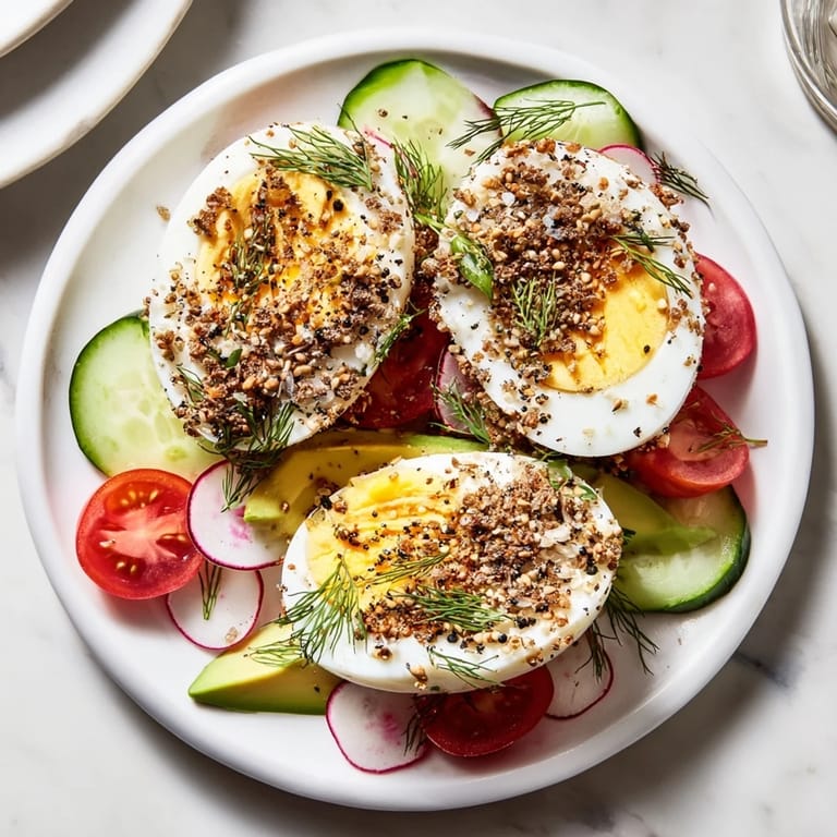 Fresh, vibrant brunch board showcasing delicious sliced hard-boiled eggs with everything bagel seasoning.