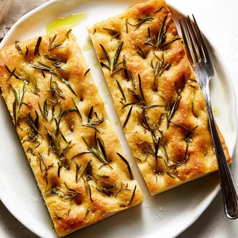 Warm, pillowy focaccia bread, freshly baked and topped with rosemary, ready to serve for holidays.