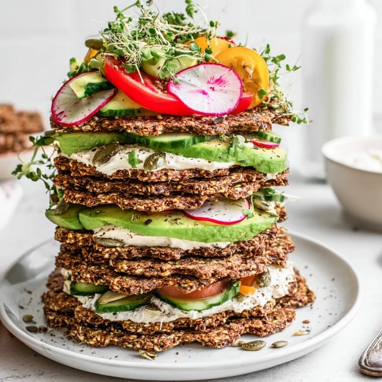 Imagine a towering Gluten-Free Gourmet Tower: layered with bread, hummus, and a vibrant colorful garden.