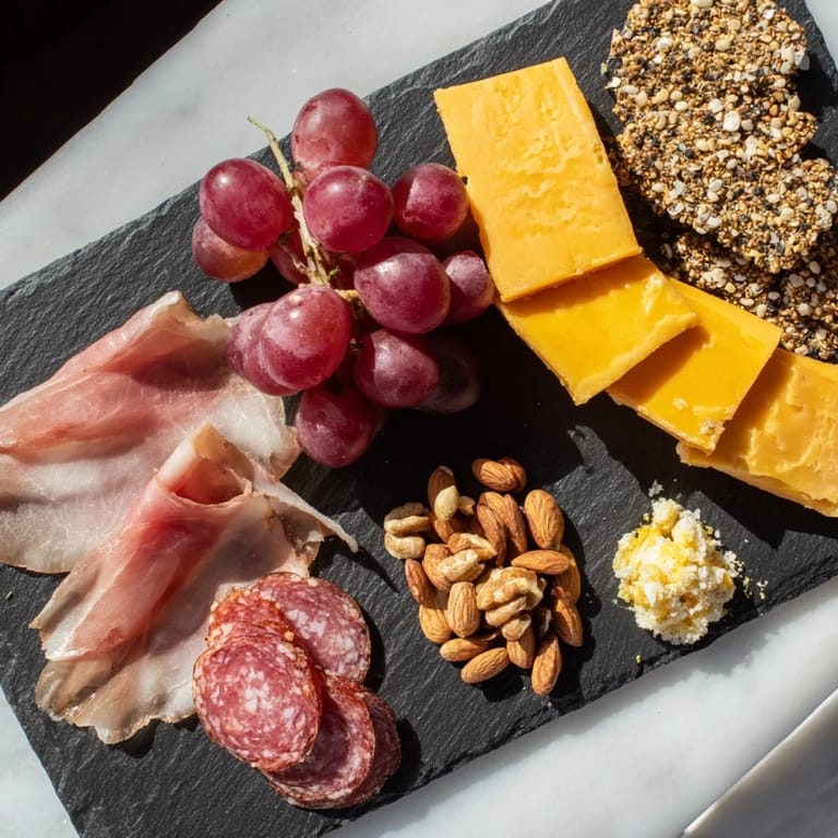 Close-up of a delightful Charcuterie Board for One, showcasing the savory meats and creamy cheeses.