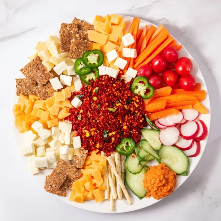 This Spicy Hot Take Platter features colorful veggies, spicy chorizo, and assorted cheeses for easy party snacking.