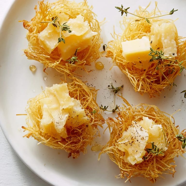 Close-up of the Rustic Barnyard appetizer: warm, golden phyllo hay piled high with farmhouse cheeses, ready to serve.