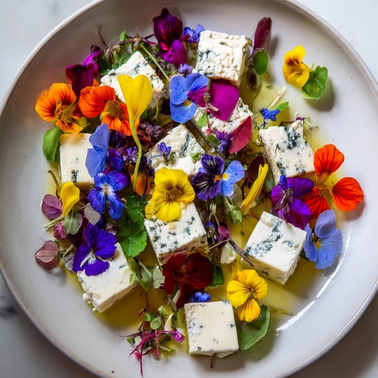 Vibrant microgreens and edible flowers of The Secret Garden appetizer hide savory cheese, perfect for guests.