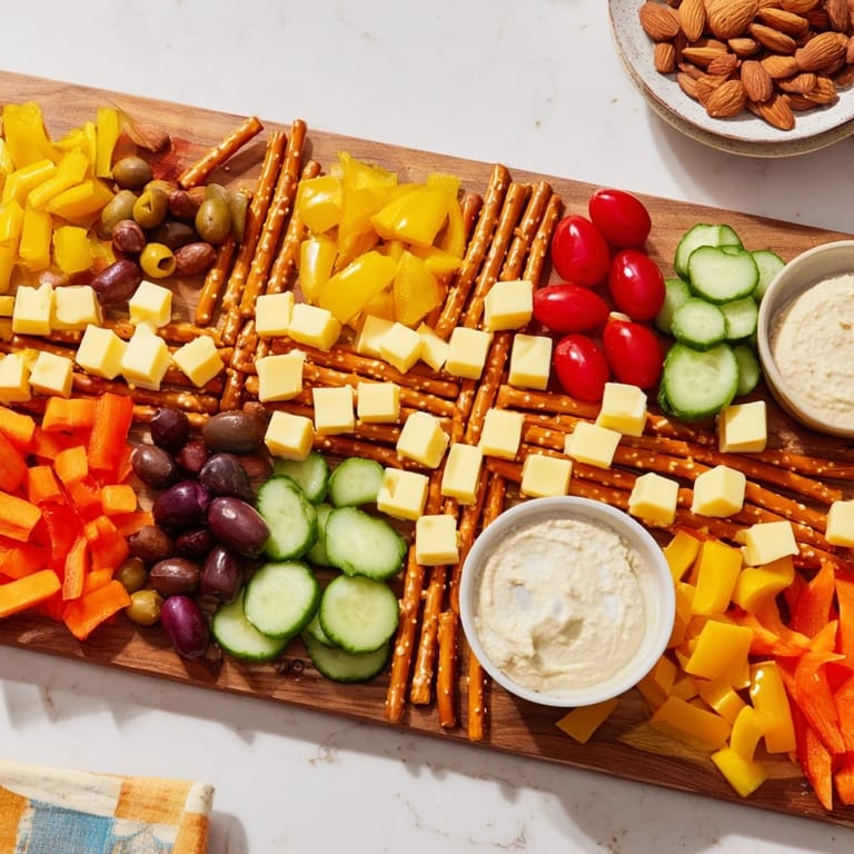 A visually appealing Urban Grid appetizer with pretzel-rod “streets” dividing savory cheese and meat.