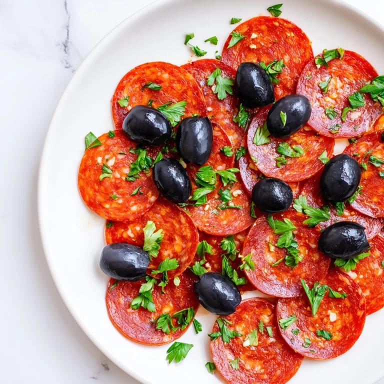 Savory sliced pepperoni and olive halves arrangement, ready to eat, with glistening olive halves and parsley garnish.