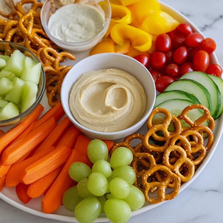 This Kids' Snack Adventure Map features crunchy pretzel paths and a collection of fresh veggie treats and dips.