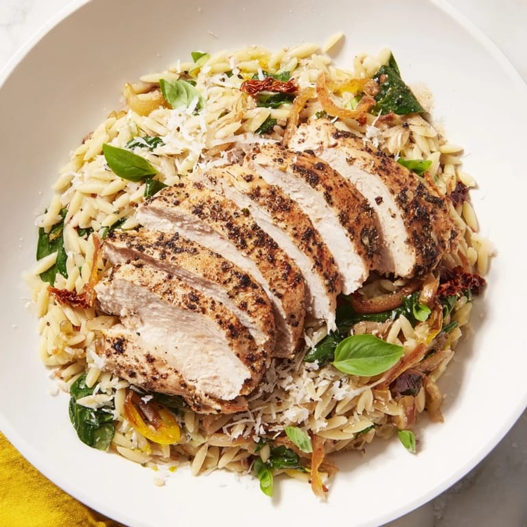 Golden-brown chicken breasts nestled in a one-pot Marry Me Chicken Orzo with Parmesan and creamy sauce.