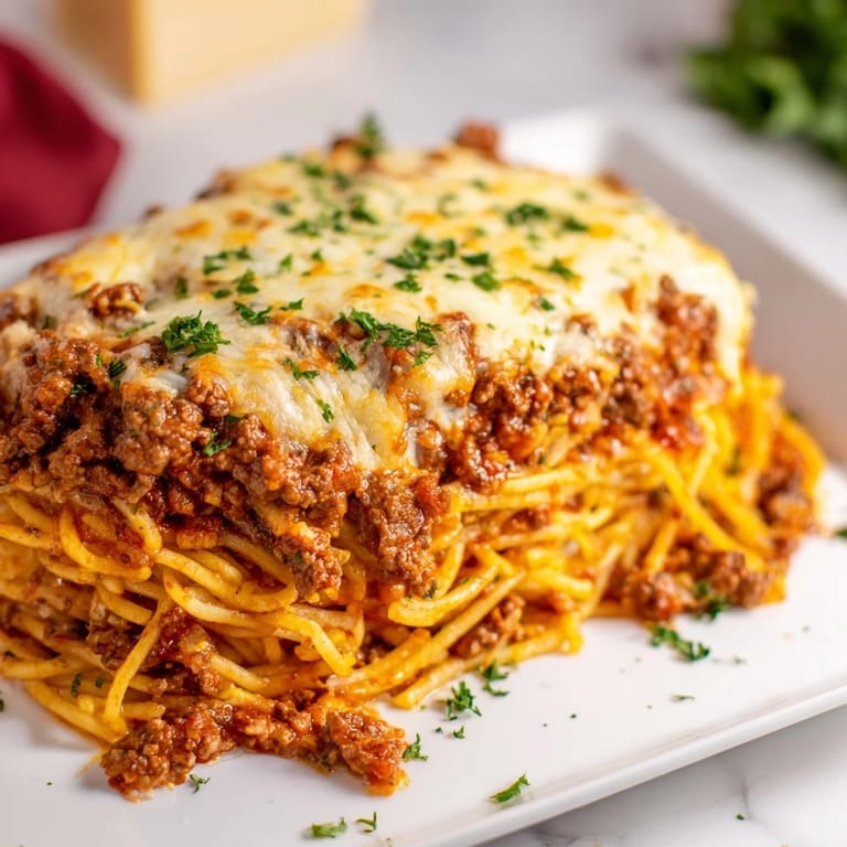 Enjoy a hearty casserole of Tinis Baked Spaghetti, a family favorite with layers of flavorful Italian goodness.
