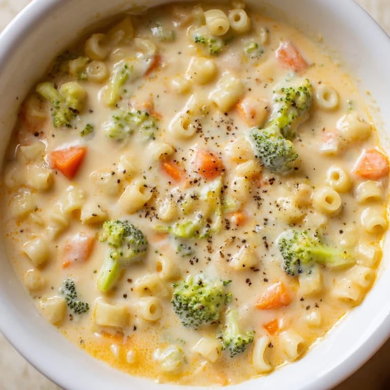 Close up of creamy One-Pot Broccoli Cheddar Ditalini Soup, showcasing tender pasta and vibrant broccoli florets.