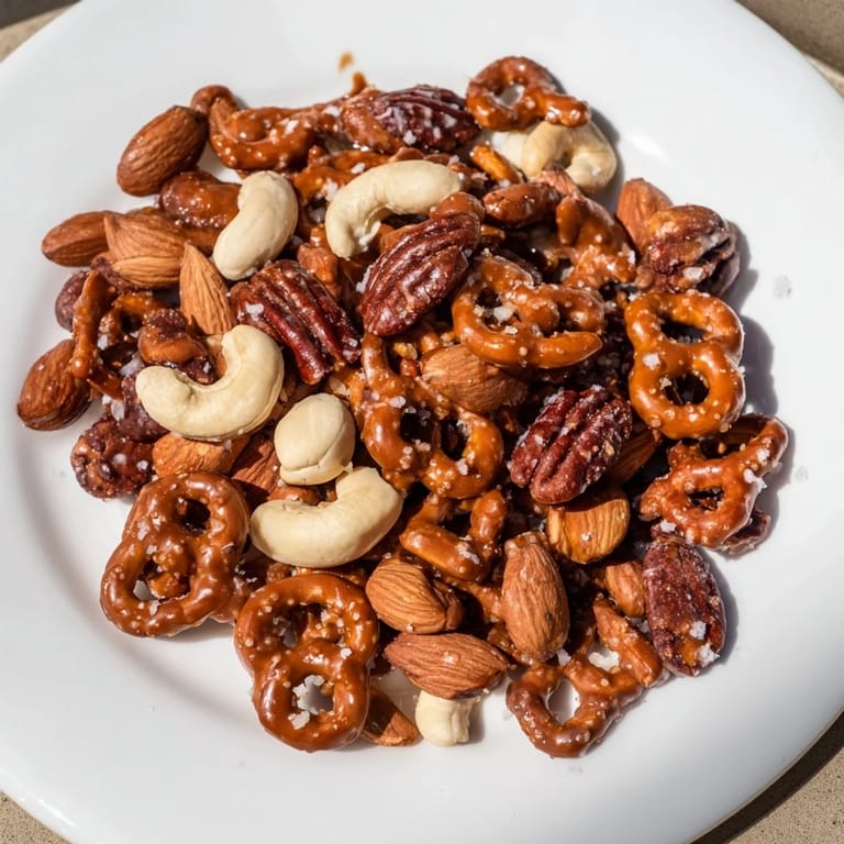 Close-up image of glistening caramel-coated salted caramel pretzels and nuts, perfect for sharing.