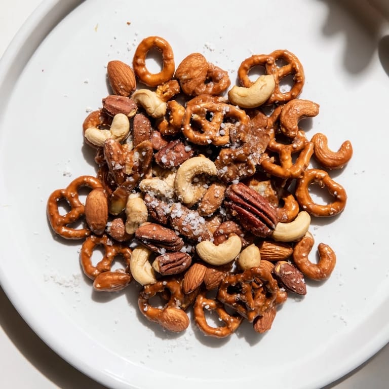 Crunchy salted caramel pretzels and nuts, baked to perfection and sprinkled with sea salt, delicious!