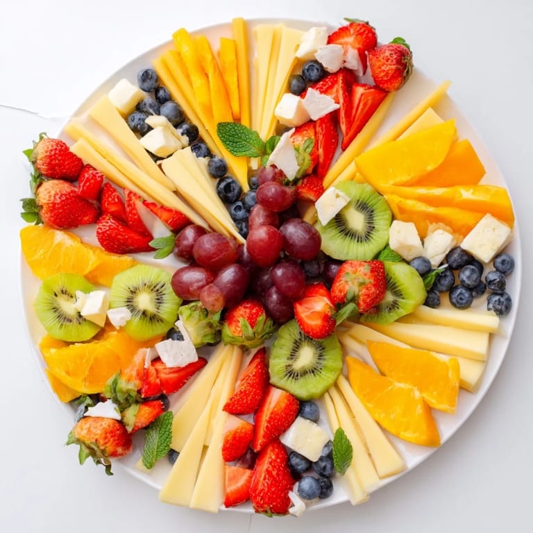 A beautiful Kaleidoscope Circle, meticulously arranged with fresh fruit and cheese, ready to serve.