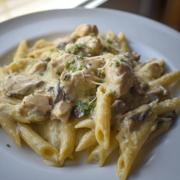 Warm, creamy Tinis Creamy Chicken Pasta, garnished with fresh parsley and extra Parmesan, ready to eat.