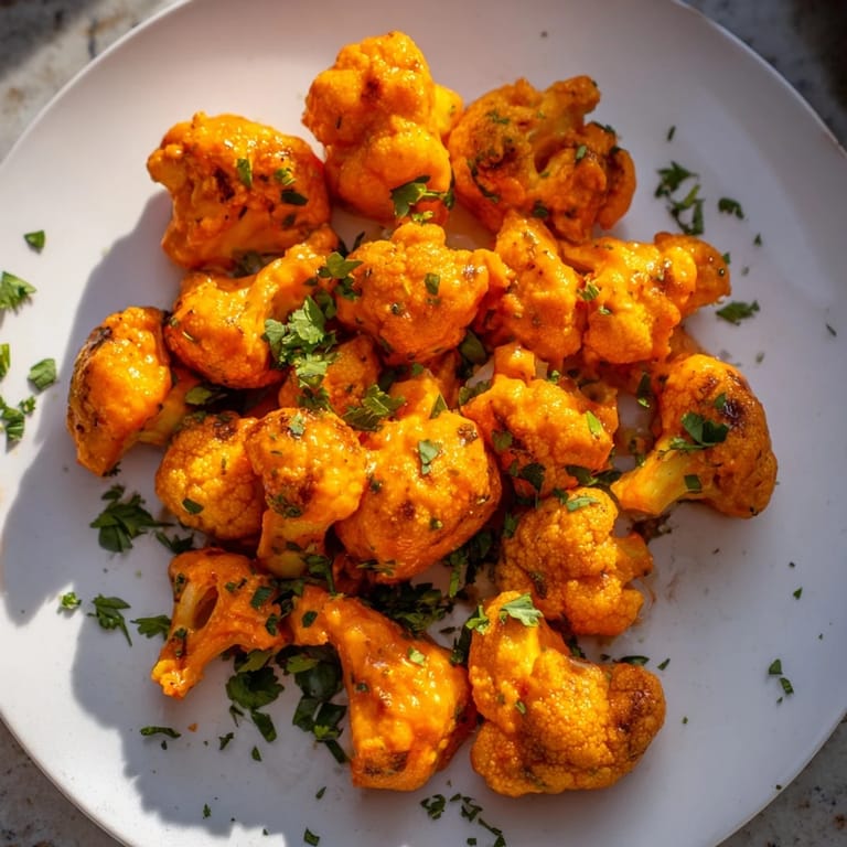 Golden-brown Sriracha-Buffalo Cauliflower Bites piled high, showing off their spicy and saucy coating.