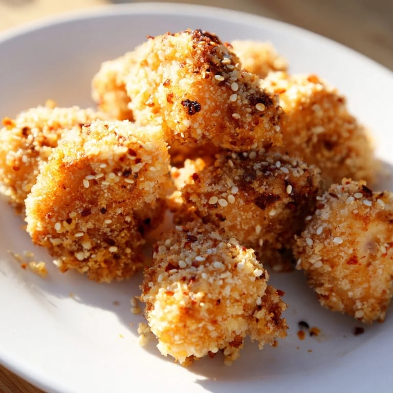Close-up of baked Spicy Yogurt Chicken Bites, seasoned perfectly, awaiting a taste testing with fresh herbs.