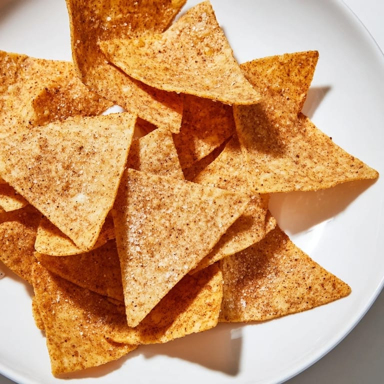 Close-up of air-fried Air-Fryer Tortilla Chips, seasoned and ready for dipping in a bowl of guacamole.