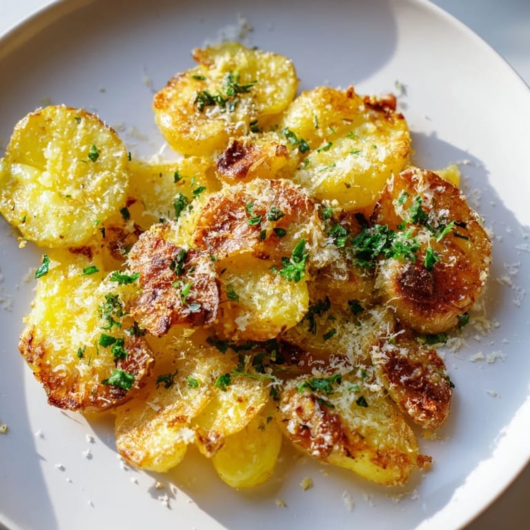 These flavorful Parmesan smashed potatoes with fresh herbs look wonderfully crispy and delicious.