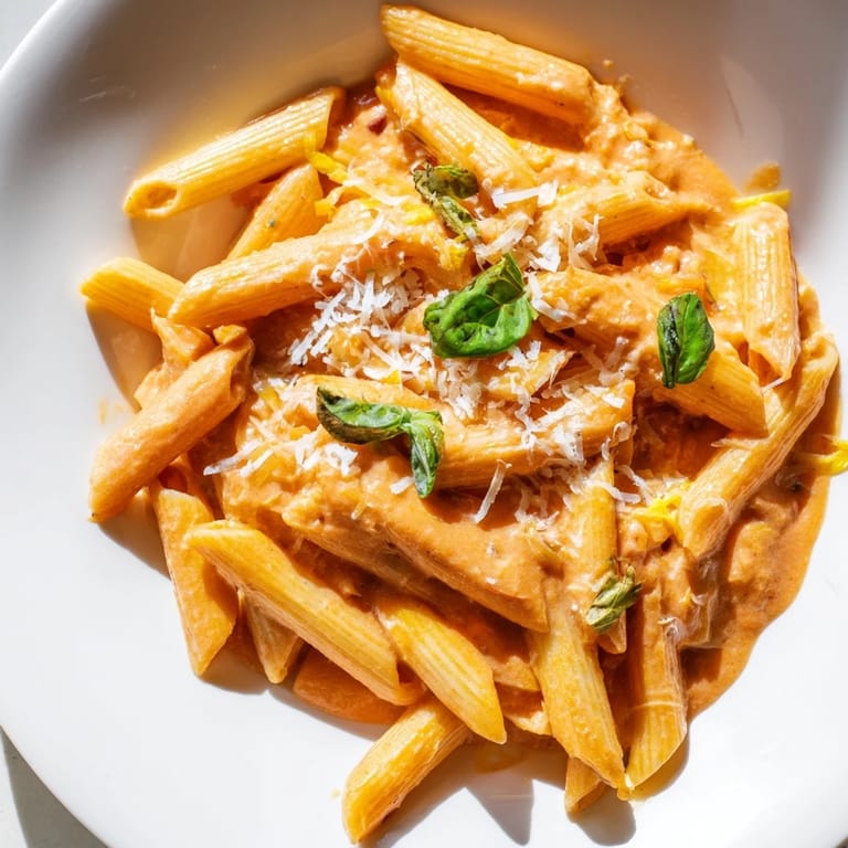Fragrant Basil Garlic One-Pot Creamy Tomato Pasta, a one-pot meal bursting with Italian flavors, ready to eat.