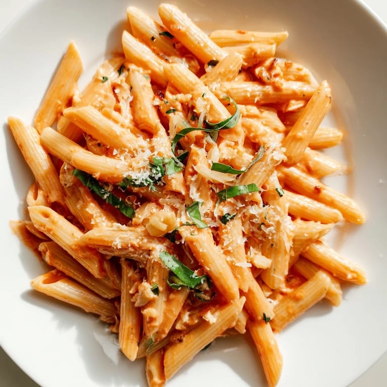 A close-up shot of the Basil Garlic One-Pot Creamy Tomato Pasta, rich and saucy with parmesan cheese on top.