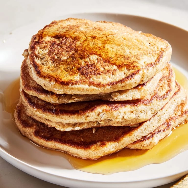 Beautiful close-up of warm banana oat pancakes, drizzled with sweet maple syrup, ready to enjoy.