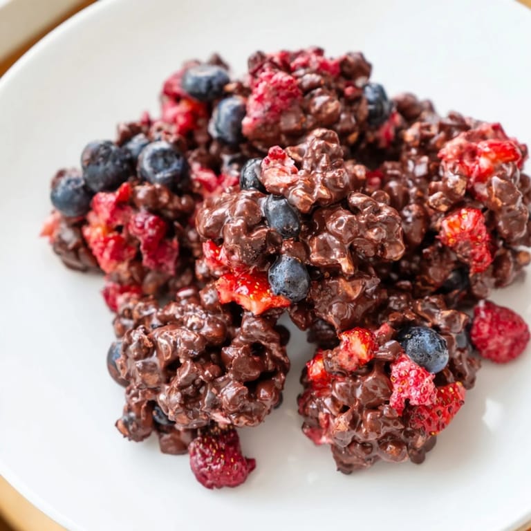 A close-up of delicious chocolate yogurt clusters showcasing fresh, colorful berries within the creamy yogurt.