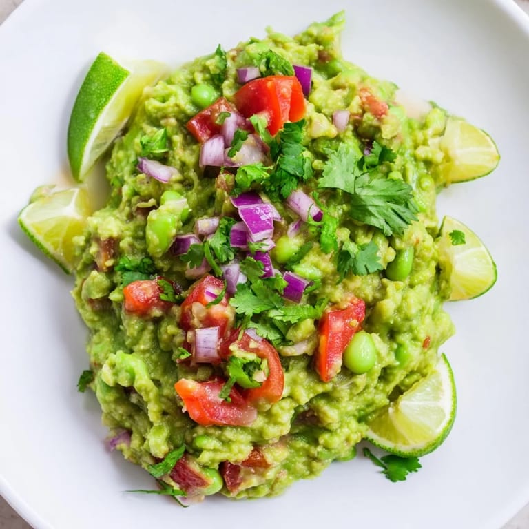 Fresh, homemade Edamame Guacamole: a bright green dip, hinting at jalapeño spice, ready to serve.