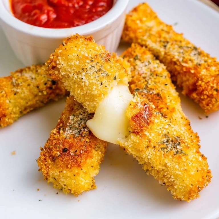 A close-up of cheesy, melted air fryer mozzarella sticks, ready to be enjoyed as a tempting appetizer.