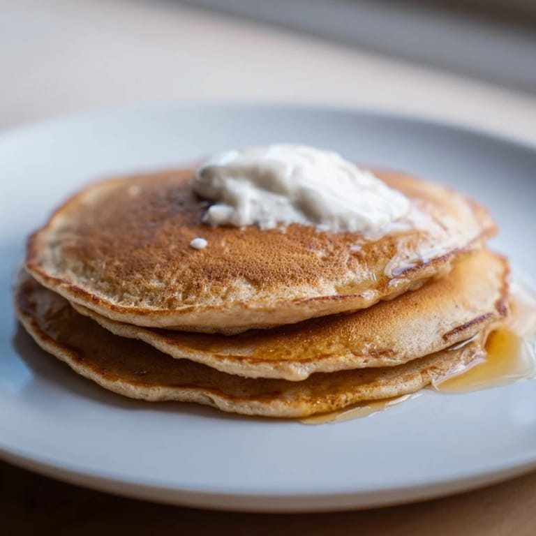 A close-up of fluffy protein banana pancakes, served with berries, a healthy and delicious start.