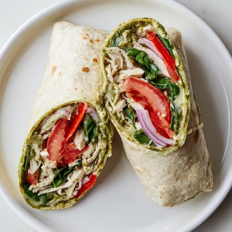 Sliced pesto chicken wrap reveals layers of flavorful ingredients, a delicious Mediterranean-American meal.