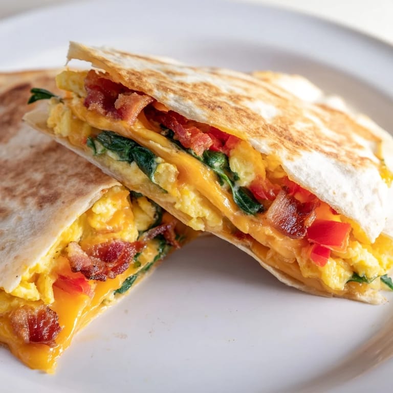 A visually appealing breakfast quesadilla hack, showing a golden brown and crispy folded tortilla.