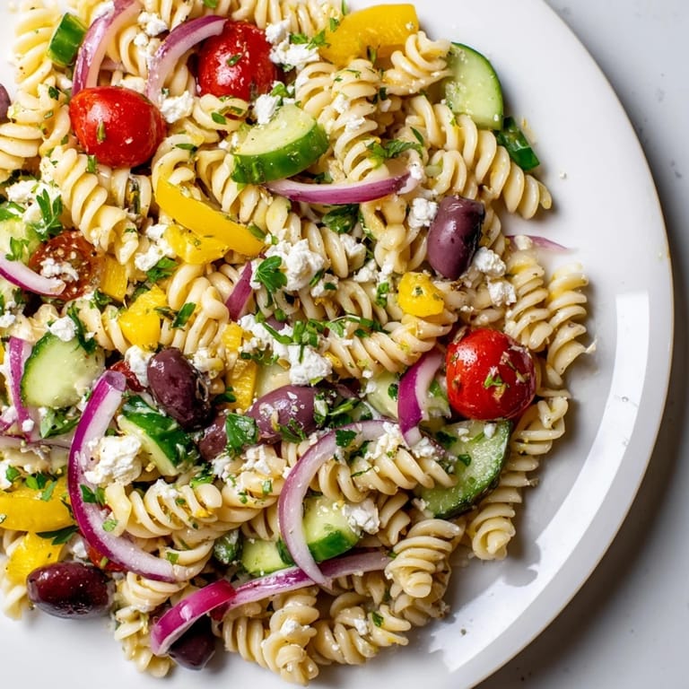 A refreshing bowl of Lemon Pasta Salad featuring colorful vegetables and creamy feta cheese.