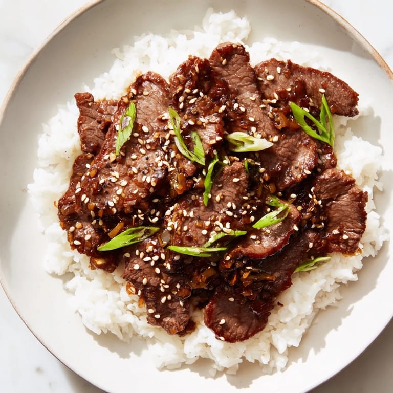 A savory Bulgogi beef bowl with tender, caramelized beef nestled among colorful, fresh garnishes for dinner.
