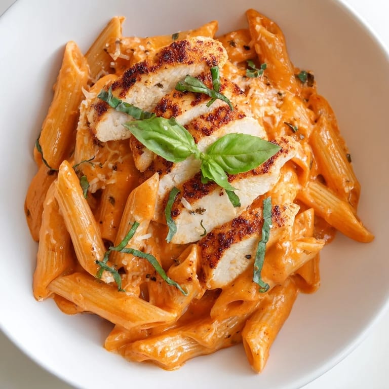 Close-up on the Creamy Tomato Basil Chicken Pasta with fresh basil, Parmesan, and a delightful sauce.