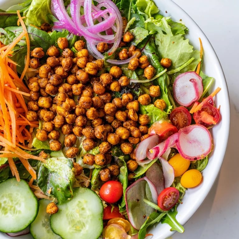 This mixed greens salad with crispy chickpea croutons features a bright lemon vinaigrette dressing.