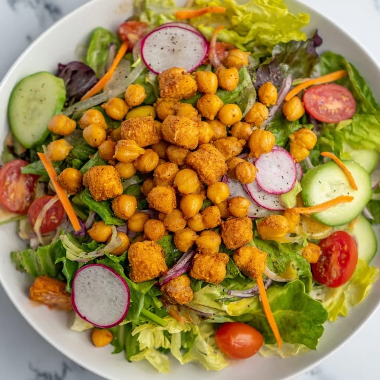Golden, crunchy chickpea croutons top this healthy mixed greens salad for a satisfying crunch.