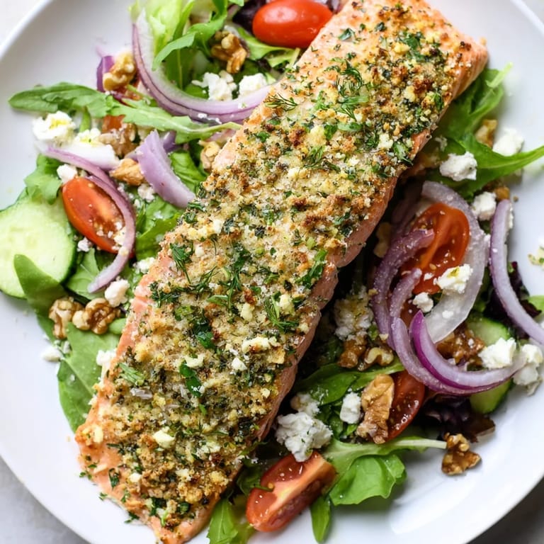 A vibrant close-up shows pan-seared herb-crusted salmon salad with bright cherry tomatoes and a lemon wedge.