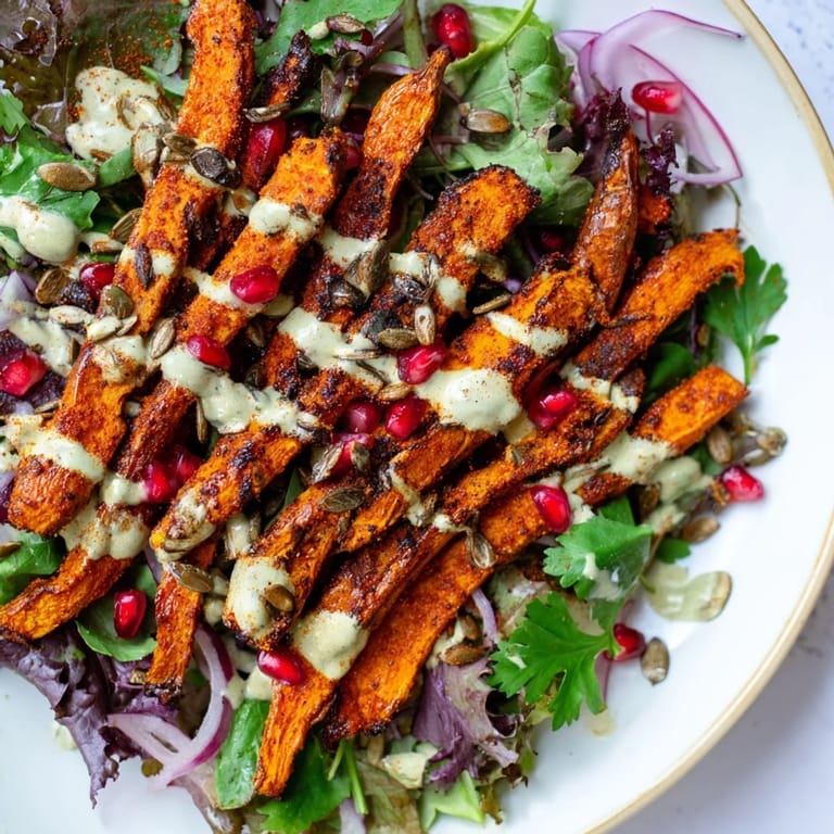 This appealing Roasted Carrot Salad presents vibrant roasted carrots with a flavorful tahini-lemon dressing.