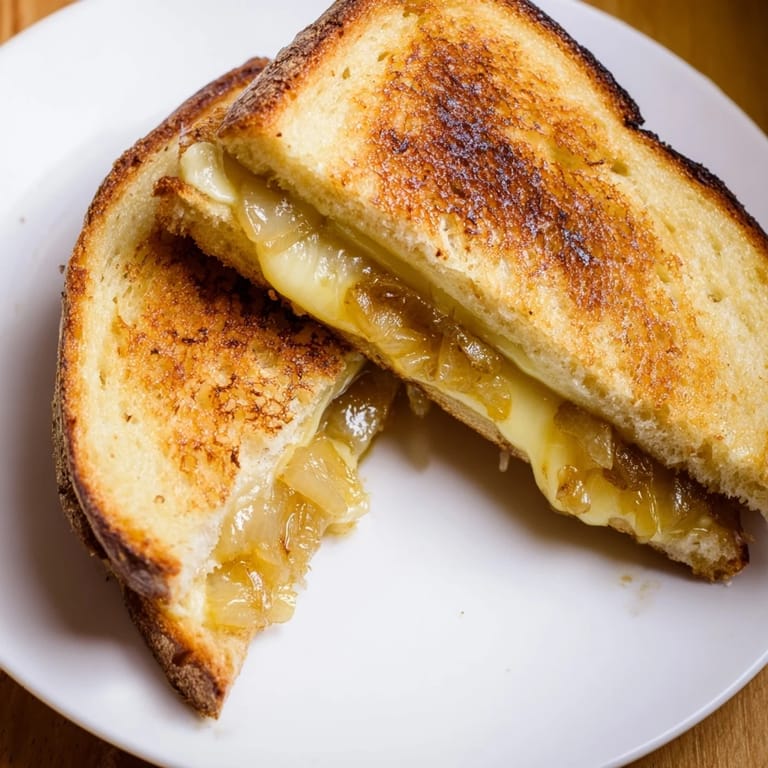 Warm, melty Gruyère cheese mingling with sweet caramelized onions in a delicious grilled cheese sandwich.
