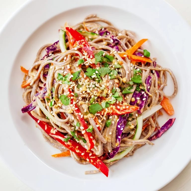 A bowl of delicious soba noodle salad, perfect for a light vegetarian lunch or side.