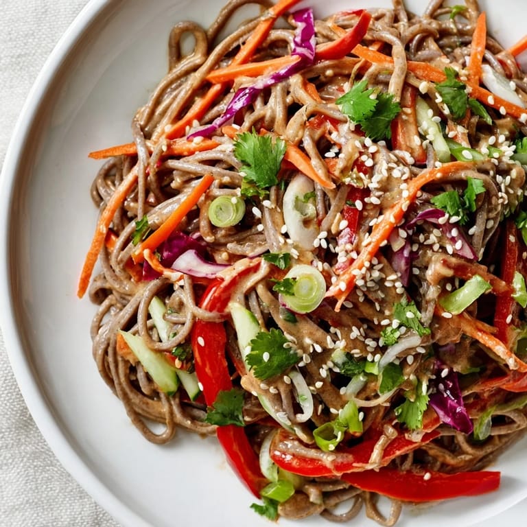 Vibrant soba noodle salad featuring buckwheat noodles, crunchy vegetables, and a savory dressing.