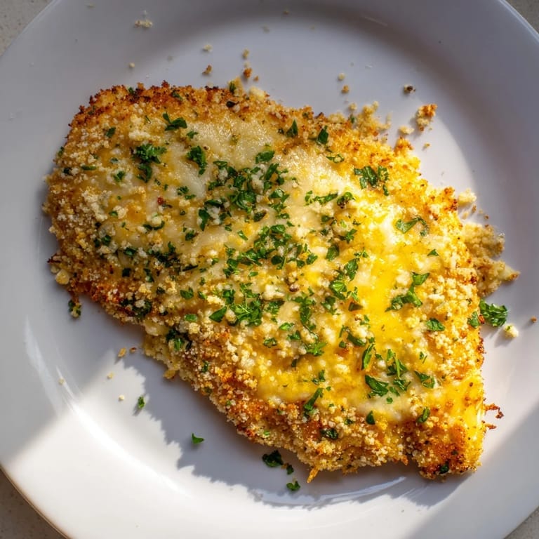 A close-up of Cheesy Baked Chicken Breast, showing the savory, browned breadcrumb crust and bubbling cheese.